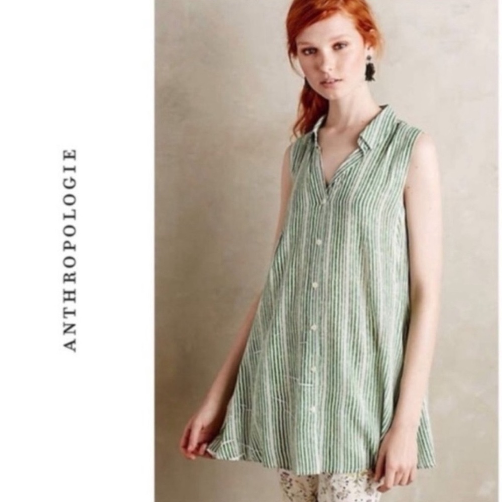 Anthropologie 11 1 Tylho Percy Green & White Stripe Tunic Shirt Dress size small